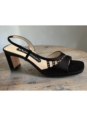 Nina Comfort Black Satin Slingback Heels With Rhinestone Detail & Block Heel 6.5